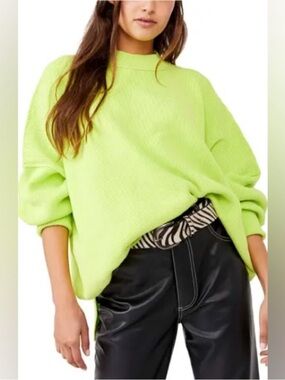 Free People Easy Street Bright Lime Green Oversized Slouchy Sweater- S